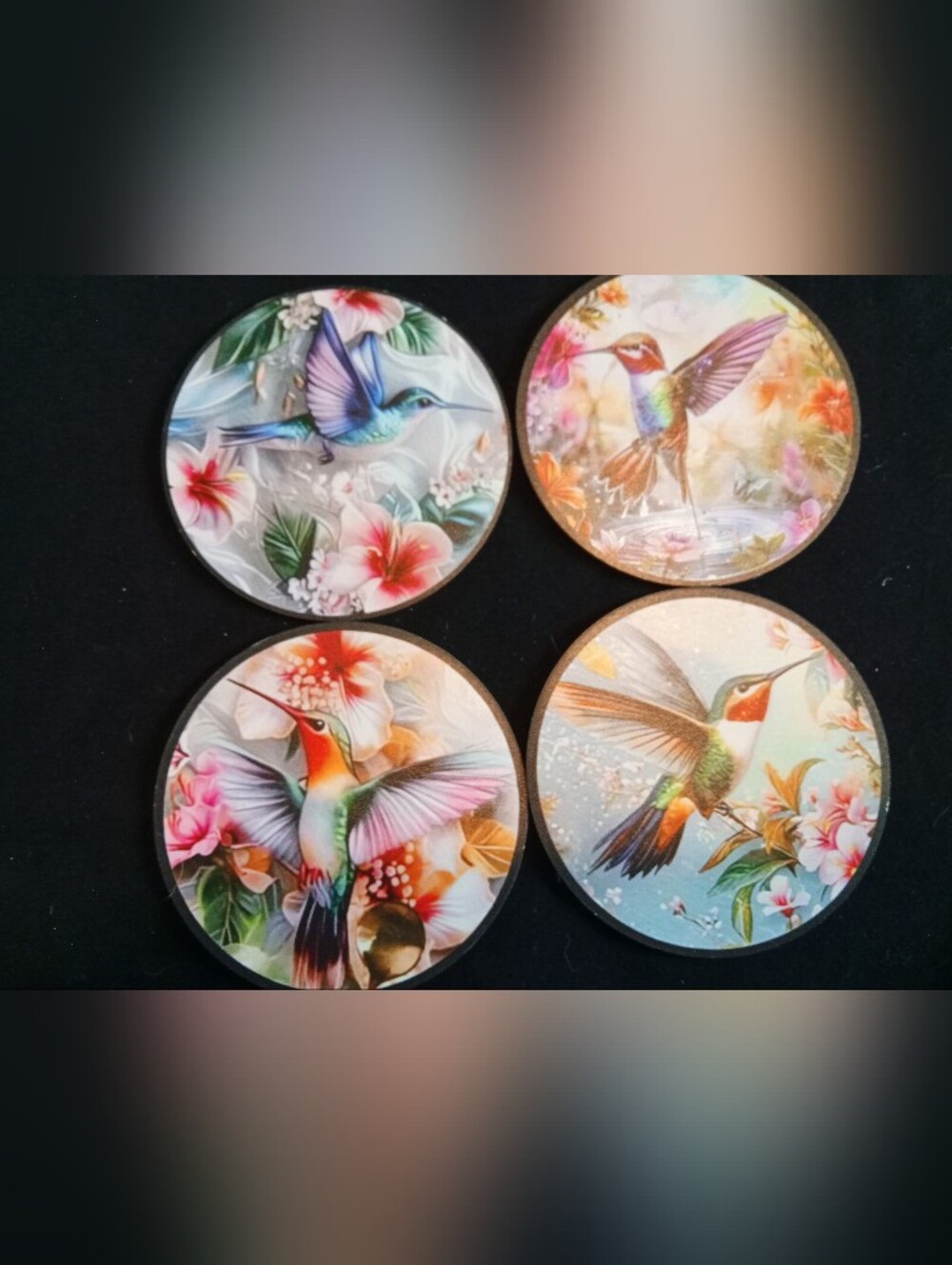 Hummingbird Floral Round Coaster Set - Colorful Tropical Birds (Set of 4)